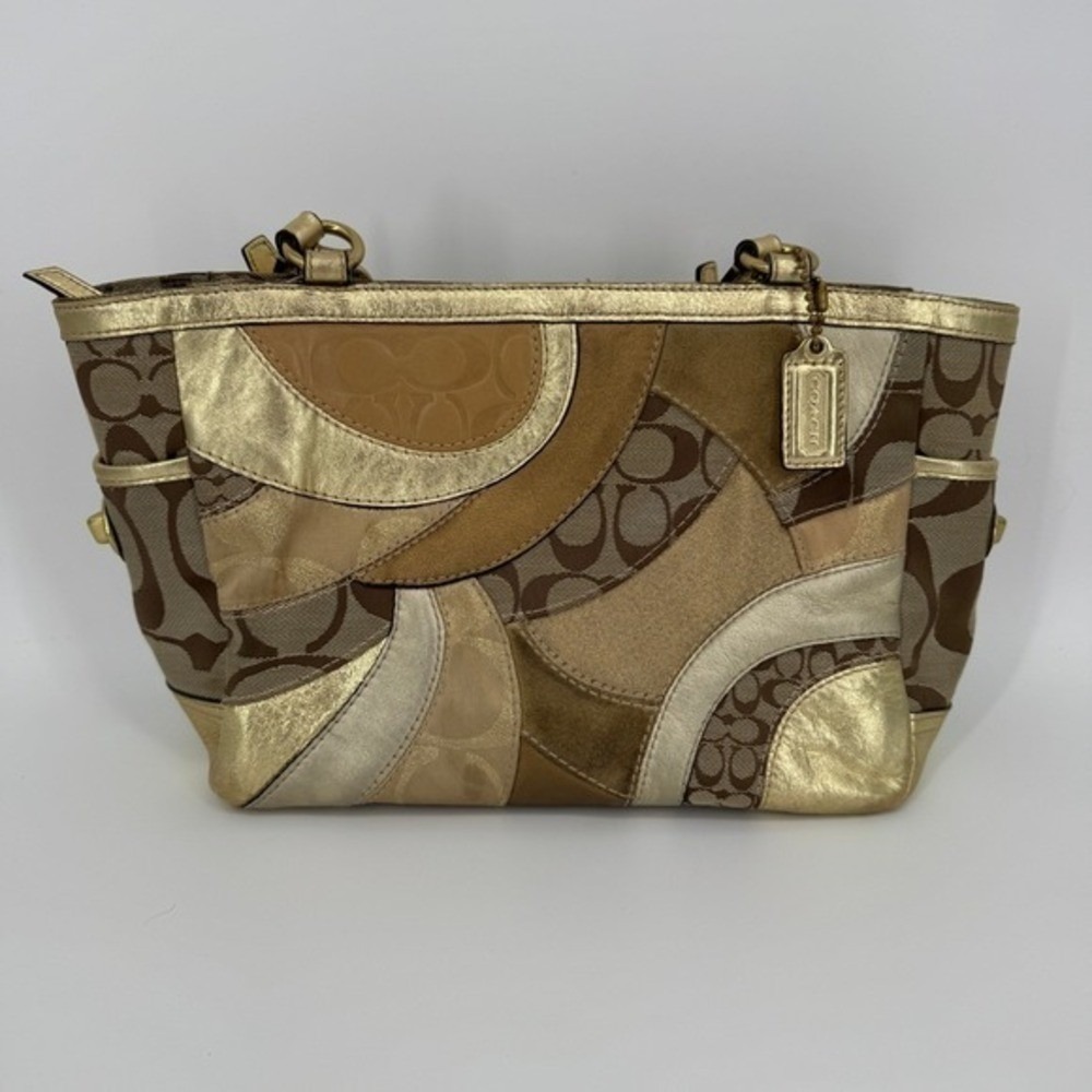 Coach Patchwork Signature Metallic Gold Brown Tote Shoulder Bag F14004 Boho Y2K - Picture 3 of 16